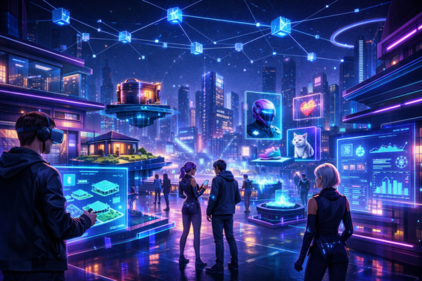 Blockchain technology powering metaverse economy with NFTs and virtual real estate