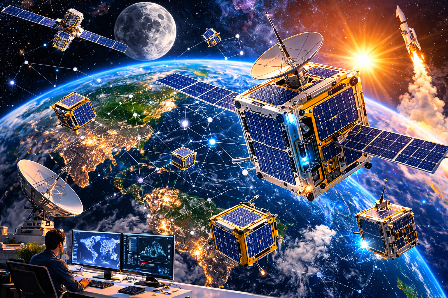 CubeSat mini satellite orbiting Earth in space representing modern space engineering