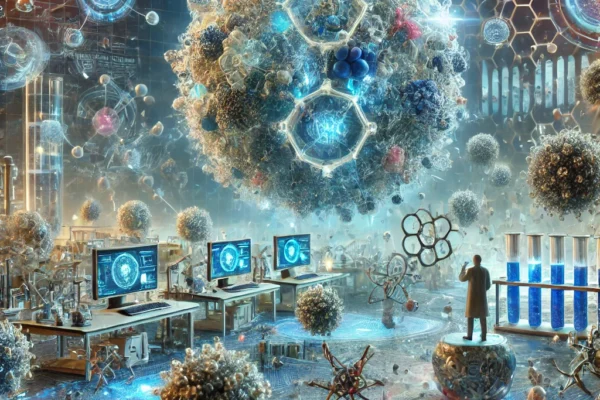 Illustration of nanotechnology nanoparticles and nanobots at the nanoscale level