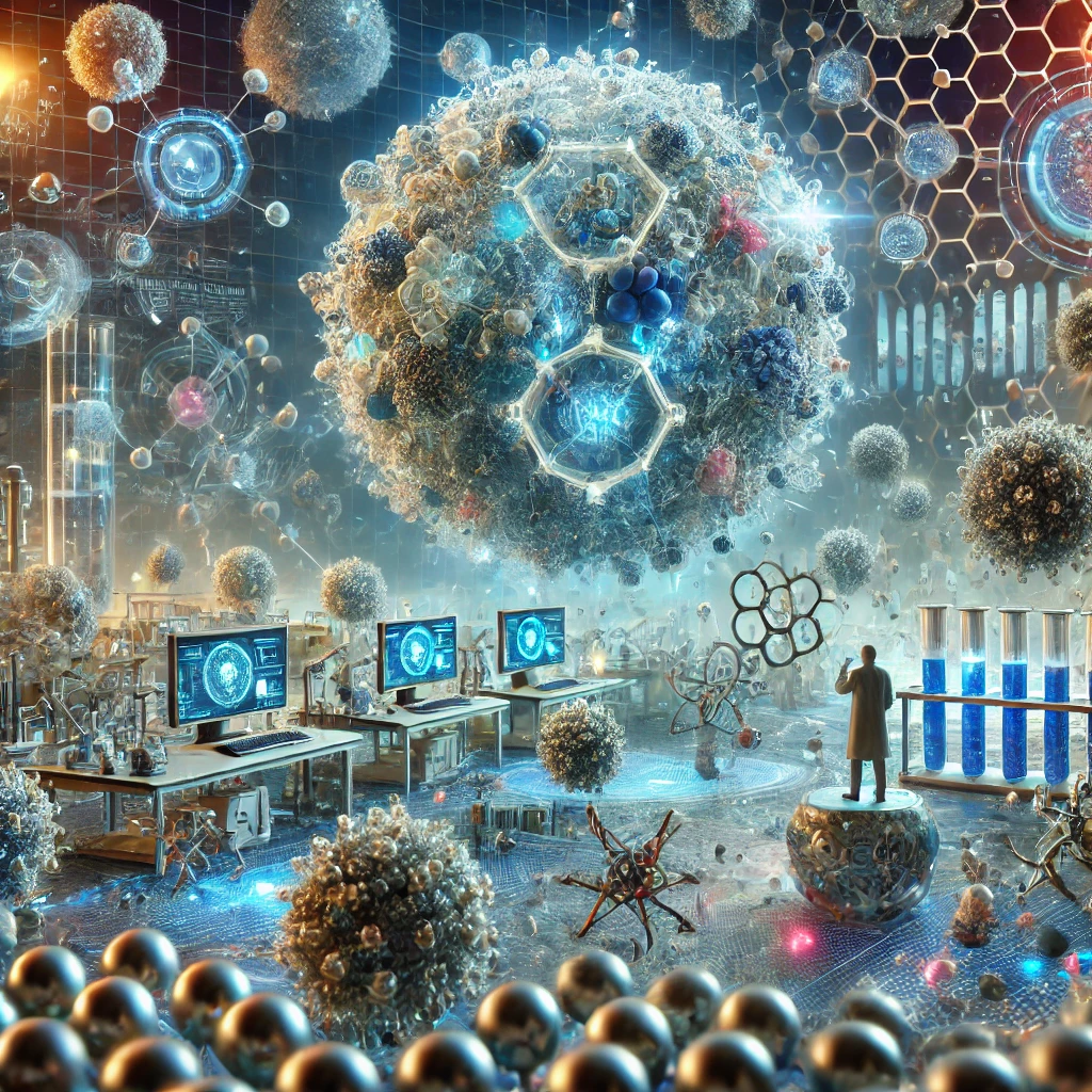 Illustration of nanotechnology nanoparticles and nanobots at the nanoscale level