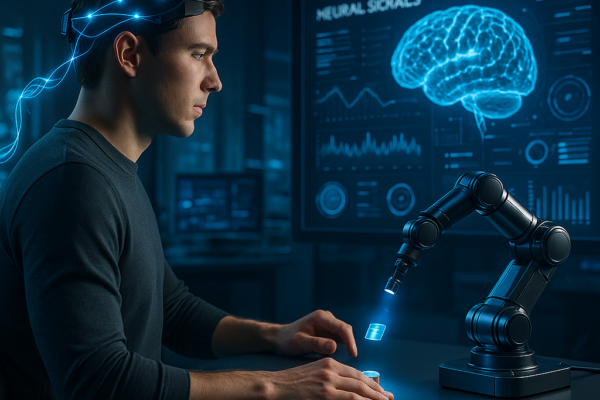 Person wearing a brain-computer interface headset controlling a robotic arm through thought signals