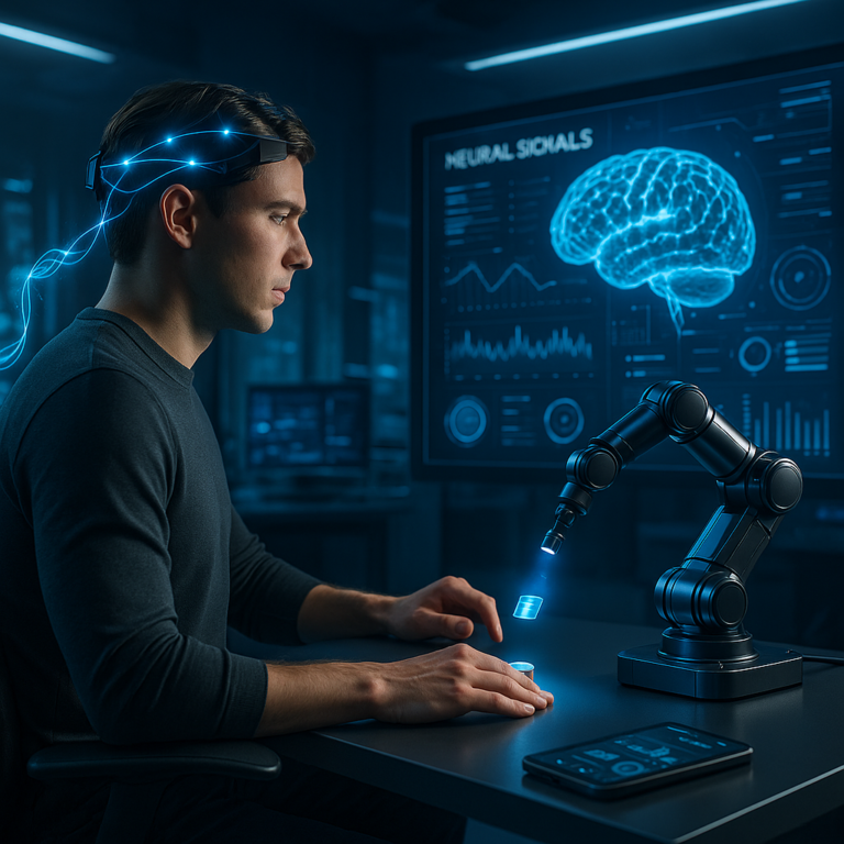 Person wearing a brain-computer interface headset controlling a robotic arm through thought signals