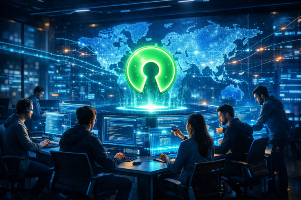 Developers collaborating on open-source software projects including Linux and Kubernetes