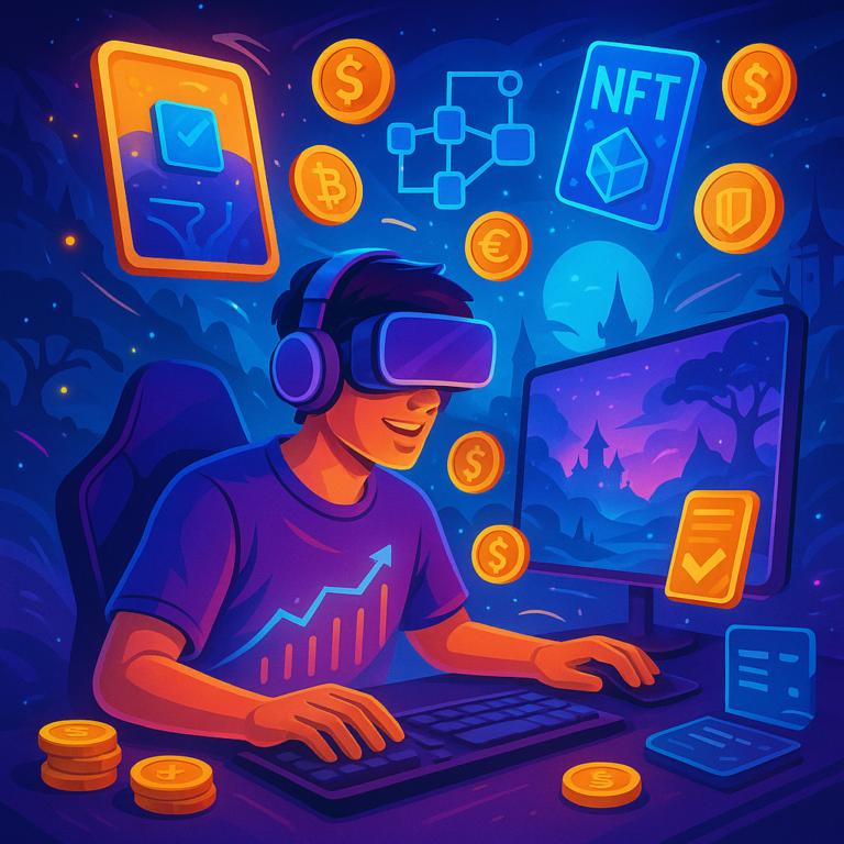 Player earning cryptocurrency rewards through Play-to-Earn P2E blockchain gaming
