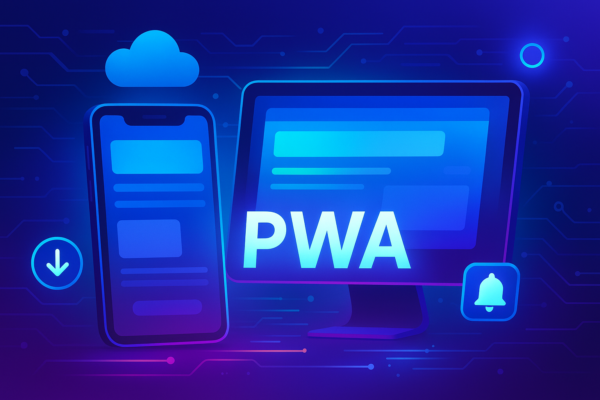 Progressive Web App PWA interface displayed on a smartphone screen showing fast loading and offline features