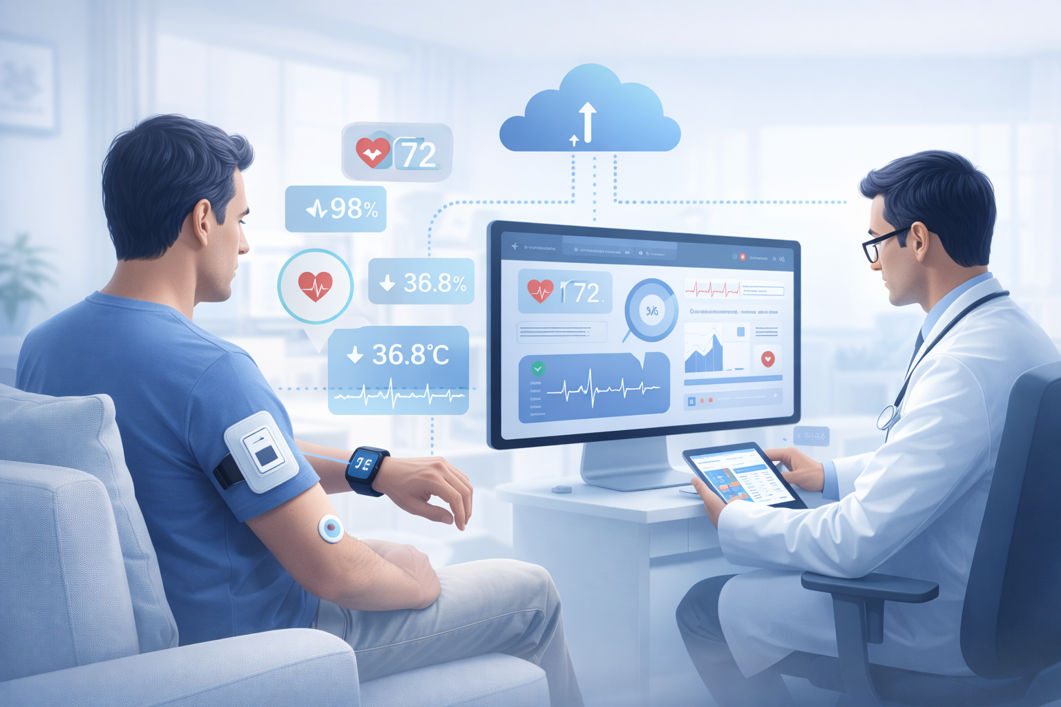 Person wearing a smartwatch for remote patient monitoring and health tracking