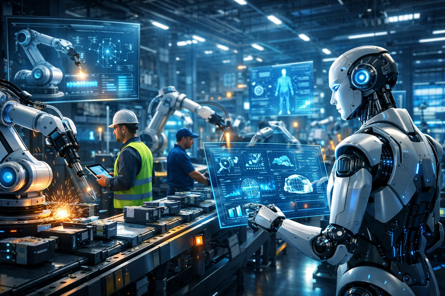 AI-powered industrial robot working on a smart manufacturing production line