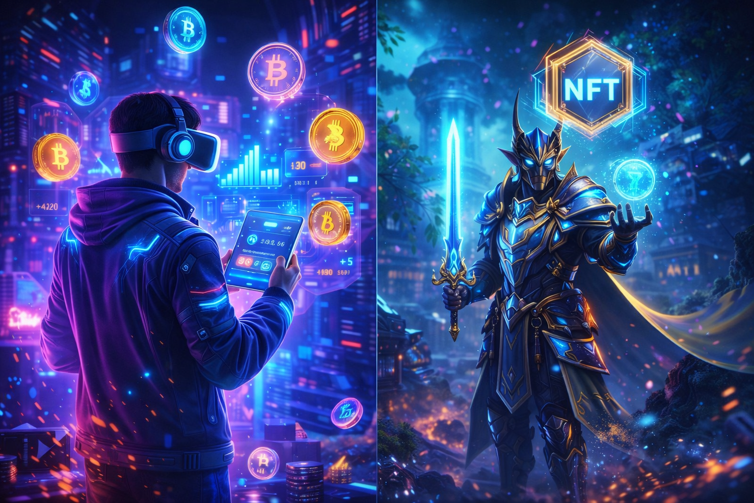 Blockchain gaming play-to-earn NFT digital economy illustration