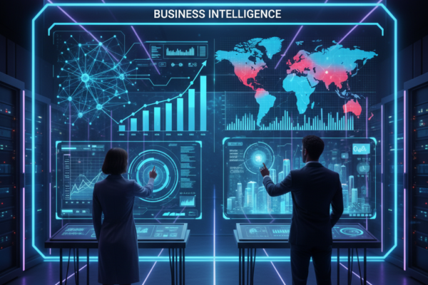 AI-powered predictive analytics dashboard showing business intelligence insights and data forecasting