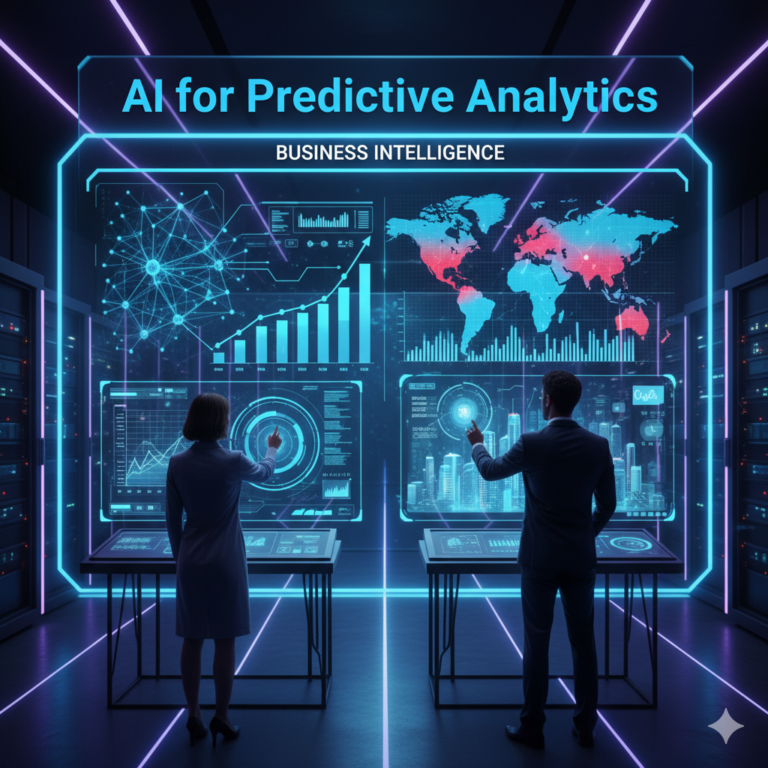 AI-powered predictive analytics dashboard showing business intelligence insights and data forecasting