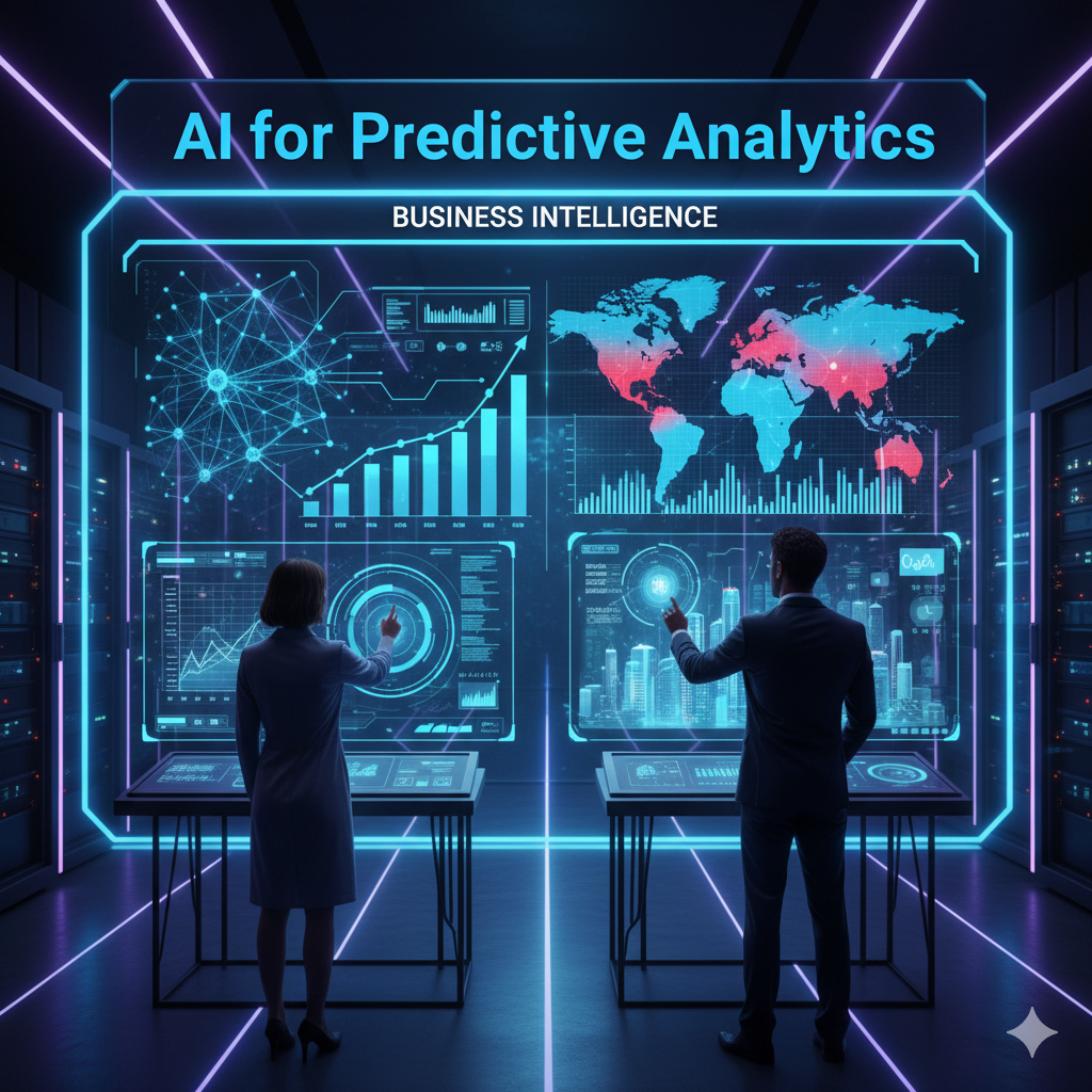 AI-powered predictive analytics dashboard showing business intelligence insights and data forecasting