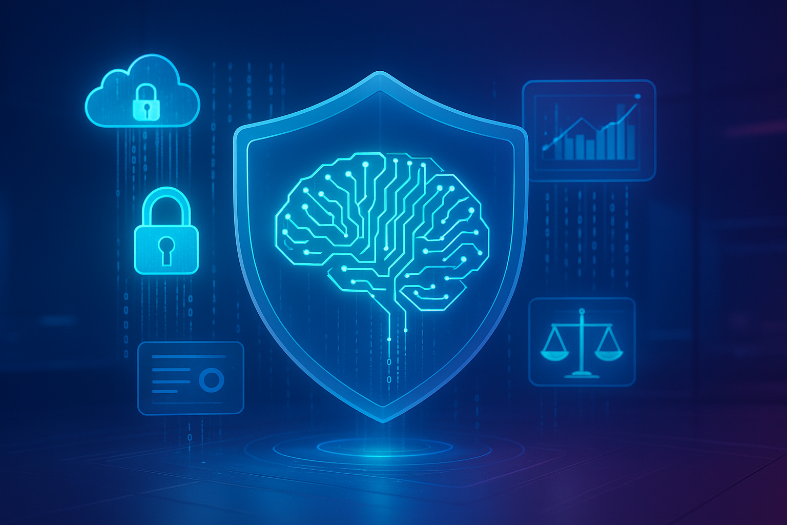 Illustration of privacy-preserving and responsible AI with data security and fairness concepts