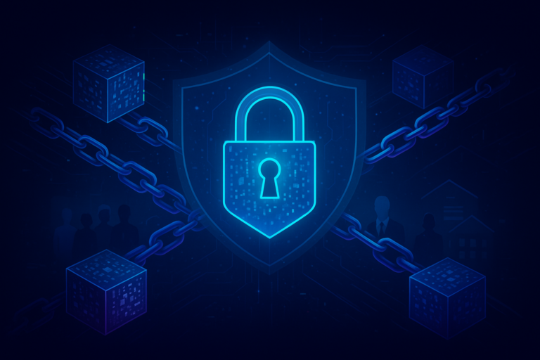 Privacy-preserving blockchain technology showing encrypted transactions and zero-knowledge proofs