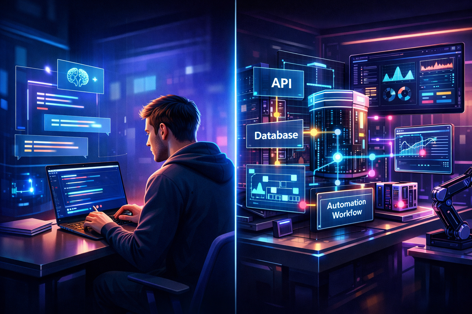 Comparison of prompt engineering and AI system design concepts with AI tools in the background