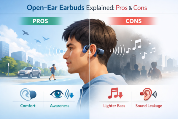 Open-ear earbuds resting outside the ear showing air conduction design for situational awareness