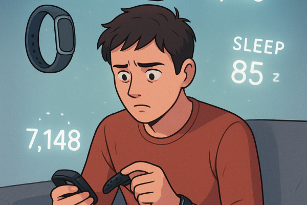 Person looking anxiously at smartwatch fitness tracker data showing wearable overload stress