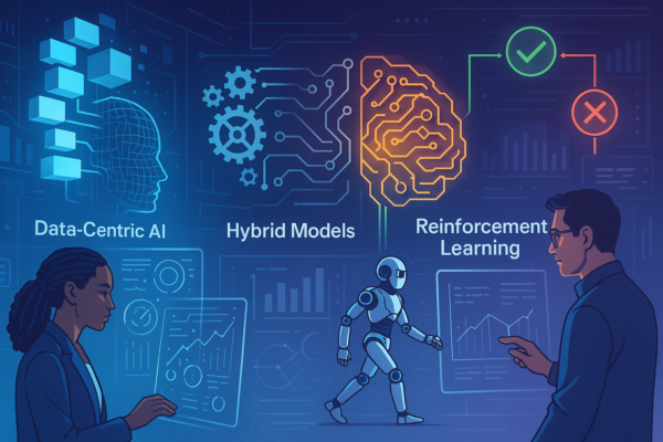 Illustration showing Data-Centric AI, Hybrid AI Models, and Reinforcement Learning concepts for 2025