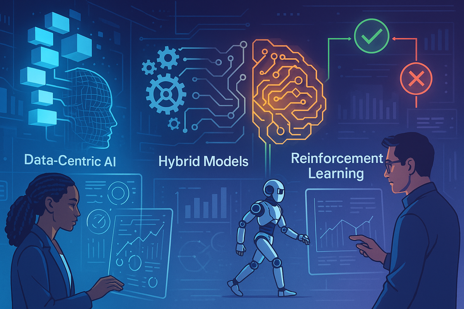 Illustration showing Data-Centric AI, Hybrid AI Models, and Reinforcement Learning concepts for 2025