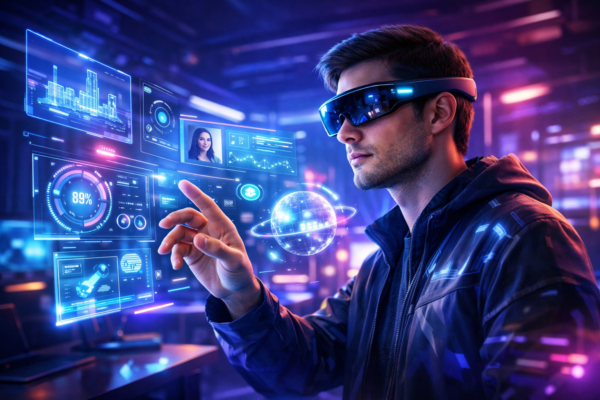 Person wearing mixed reality smart glasses interacting with digital content in a real-world environment