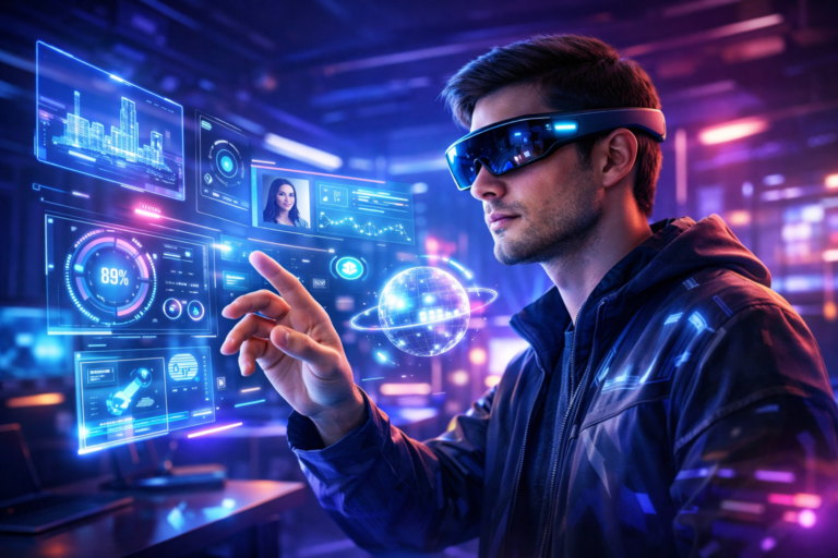 Person wearing mixed reality smart glasses interacting with digital content in a real-world environment