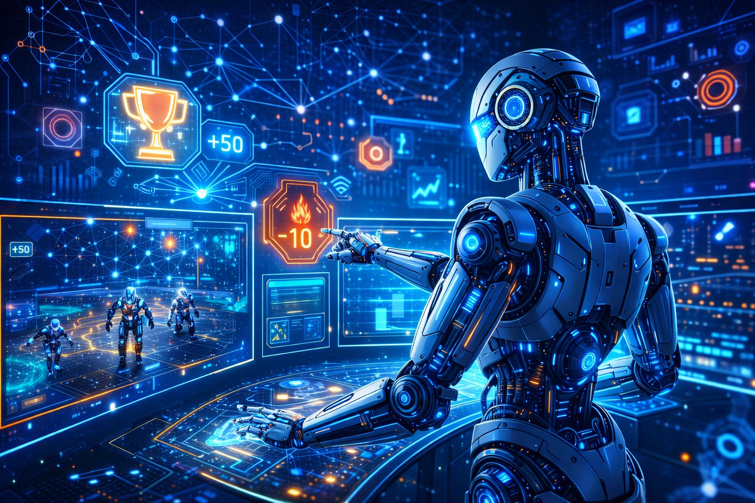 Reinforcement learning AI system training a robot in a simulated environment