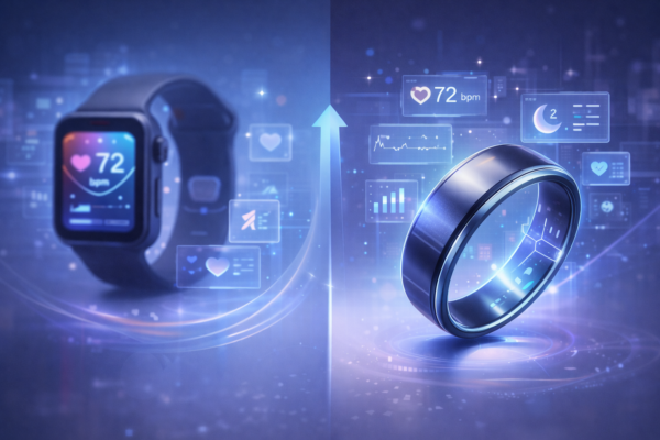 Smart ring worn on finger next to a smartwatch showing health tracking comparison