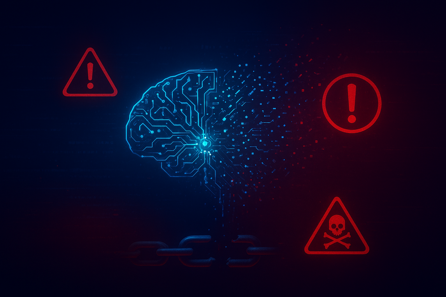 Illustration showing risks of self-improving AI systems including bias, security threats, and loss of human control