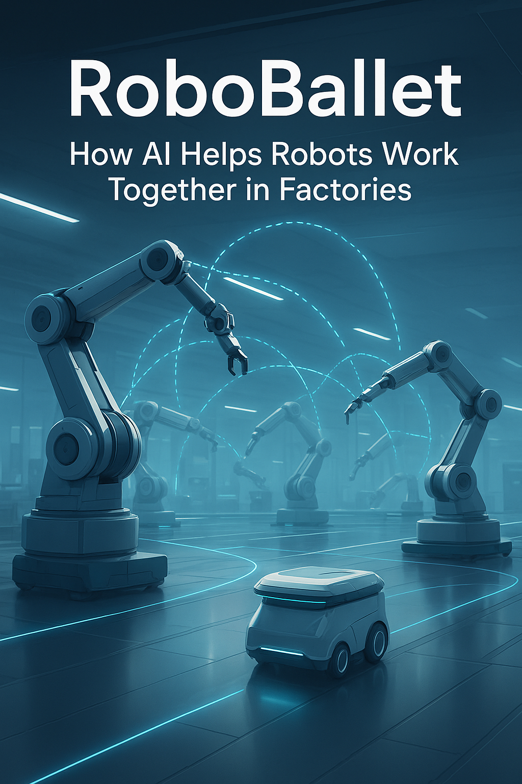 Multiple factory robots working in coordination guided by AI in a modern manufacturing facility