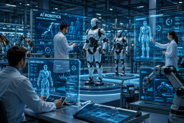 Engineer testing robot simulation in a virtual environment on a computer screen