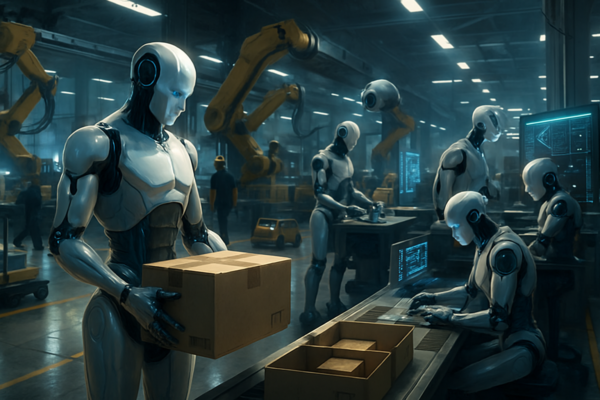 Humanoid robot working on a factory assembly line alongside human workers in 2025