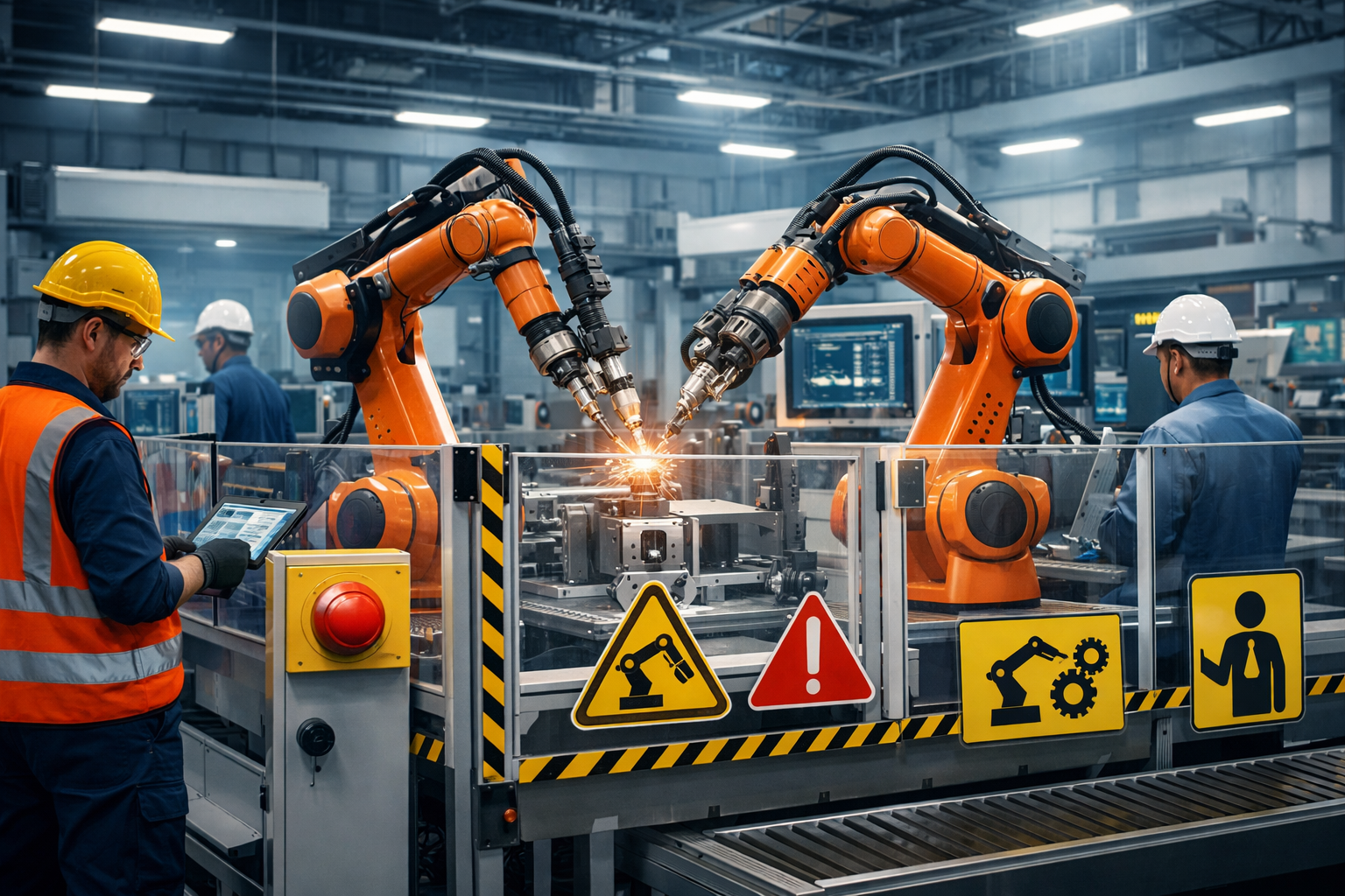 Industrial robot working safely alongside human worker in a manufacturing facility