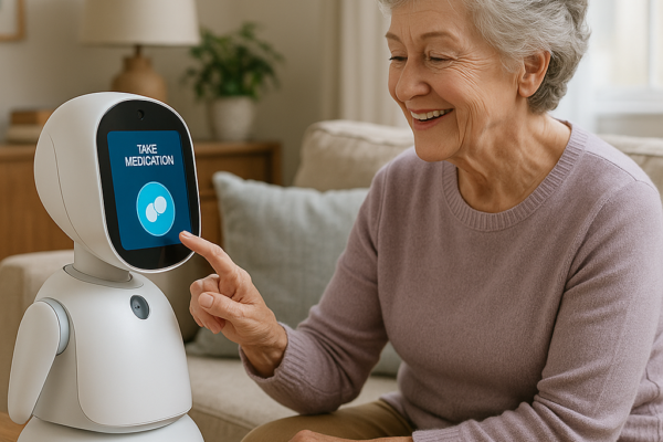 Home care robot assisting an elderly senior woman at home with daily tasks