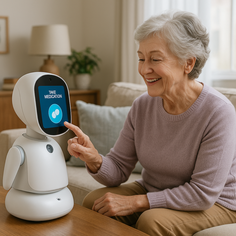 Home care robot assisting an elderly senior woman at home with daily tasks