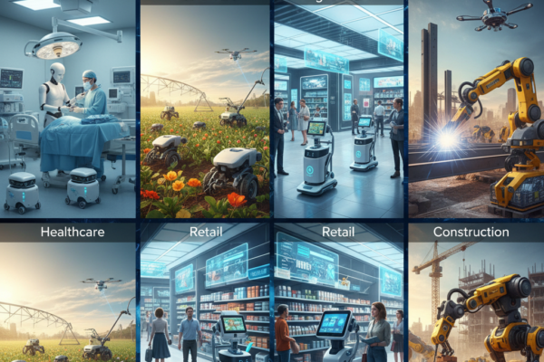 Robots working in healthcare, agriculture, retail and construction sectors