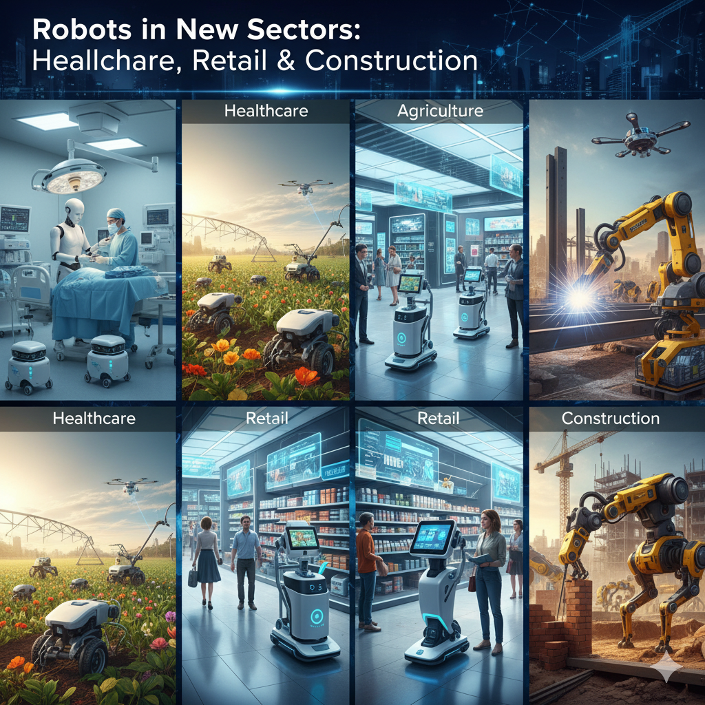 Robots working in healthcare, agriculture, retail and construction sectors