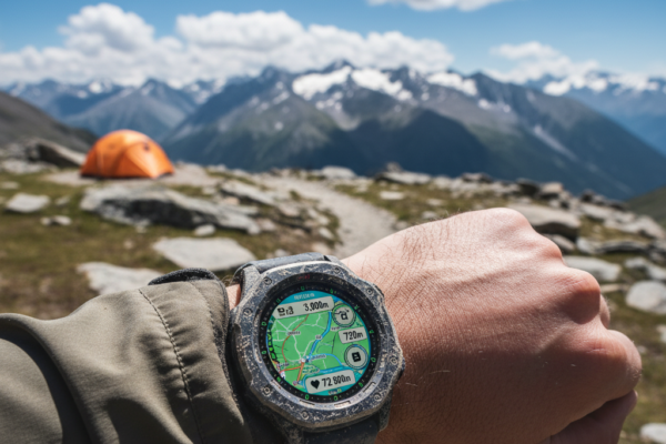 Rugged smartwatch worn by a hiker on a mountain trail with GPS navigation displayed