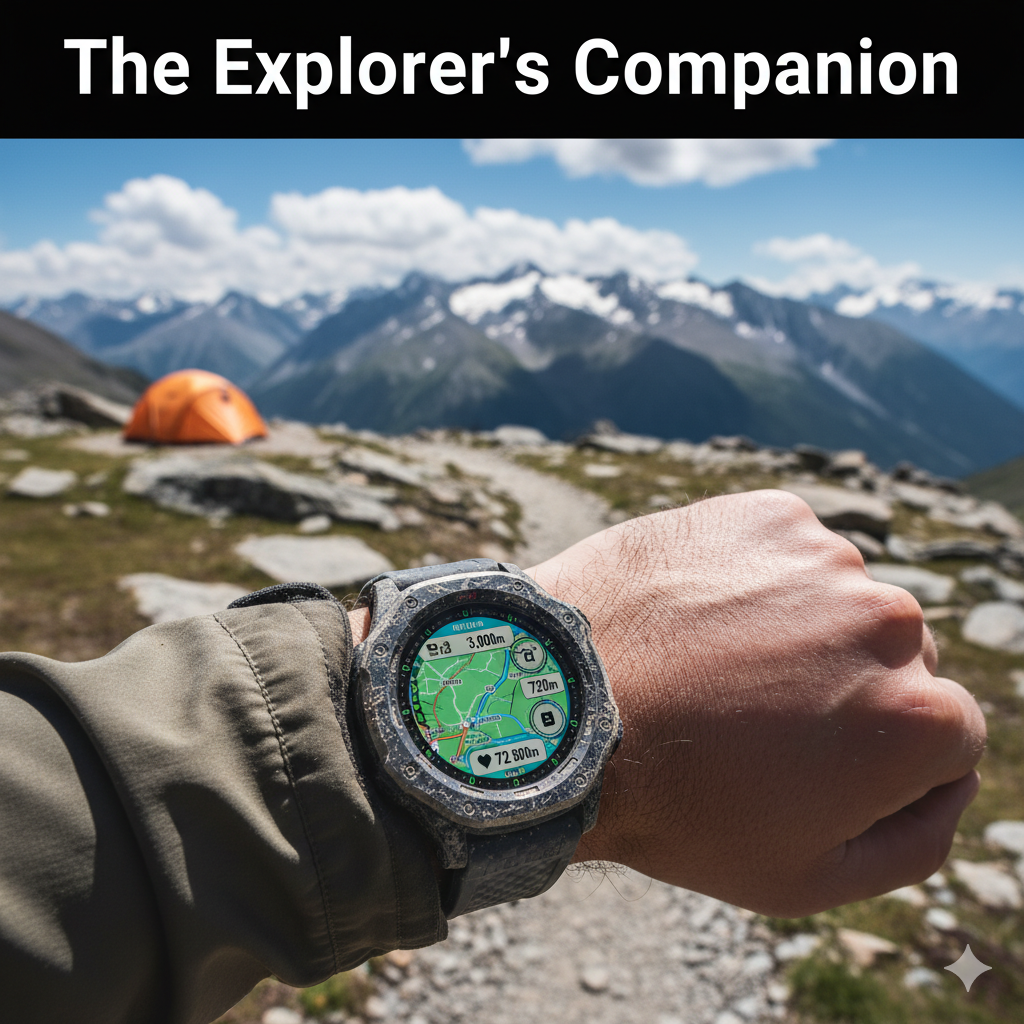 Rugged smartwatch worn by a hiker on a mountain trail with GPS navigation displayed
