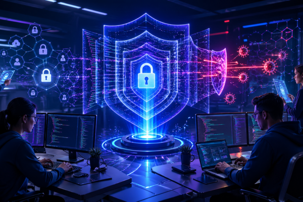 Developer writing secure code on a laptop representing secure-by-design software development practices