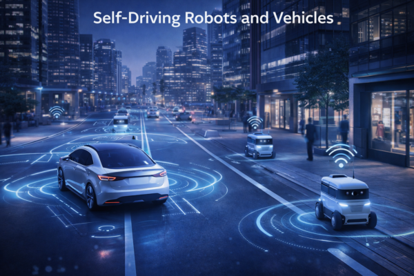 Self-driving robot and autonomous vehicle on a city street using sensors and AI technology