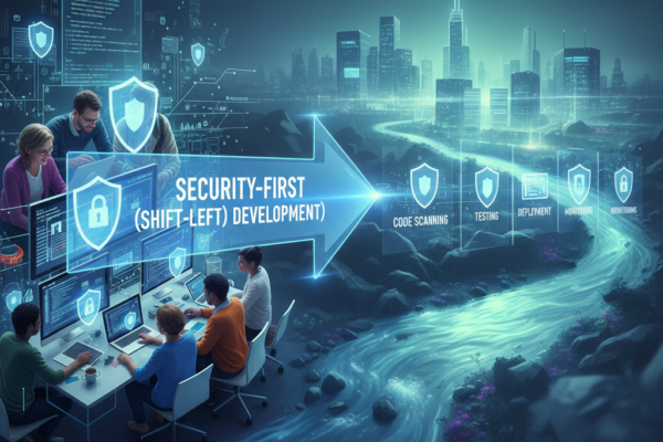 Security-First Shift-Left Development process showing security integrated across coding, testing, and deployment stages