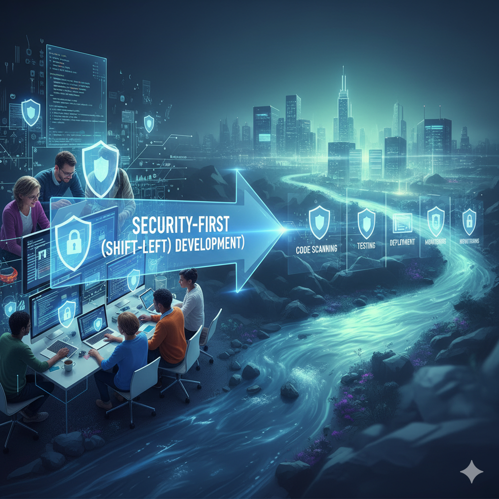 Security-First Shift-Left Development process showing security integrated across coding, testing, and deployment stages