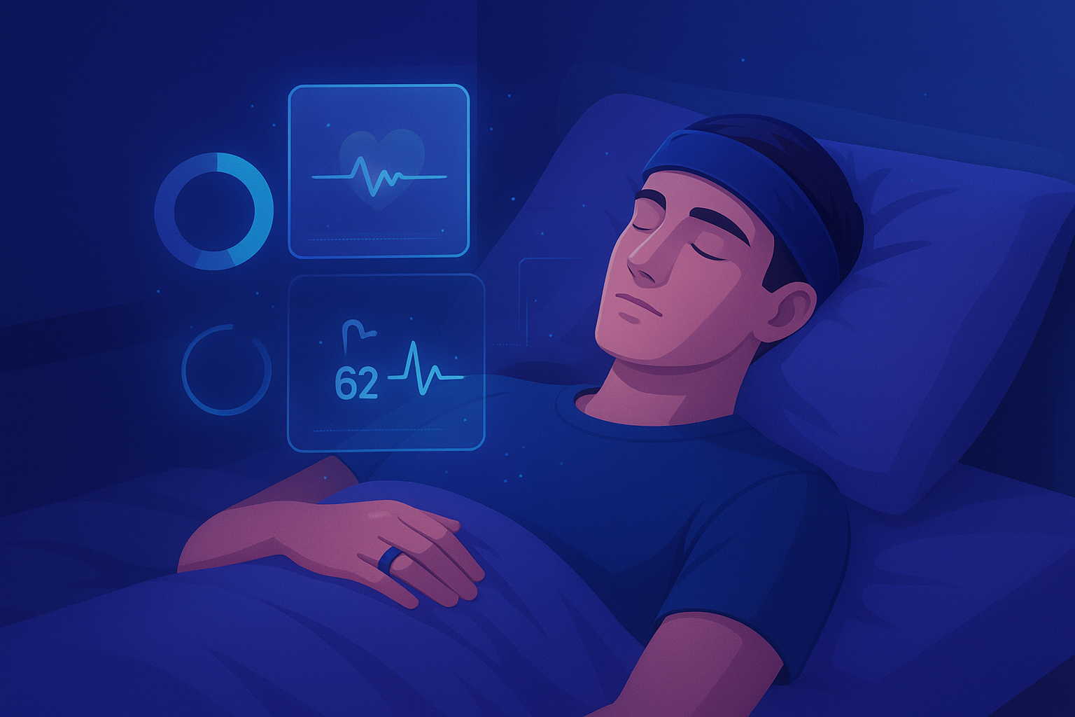 Person wearing a sleep-tech wearable smart ring and headband for sleep monitoring