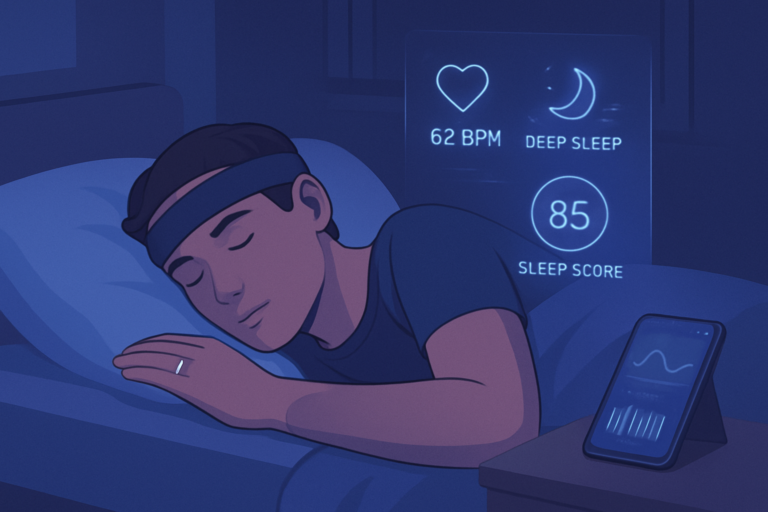 Person wearing a sleep tracking wearable device on wrist while sleeping in bed