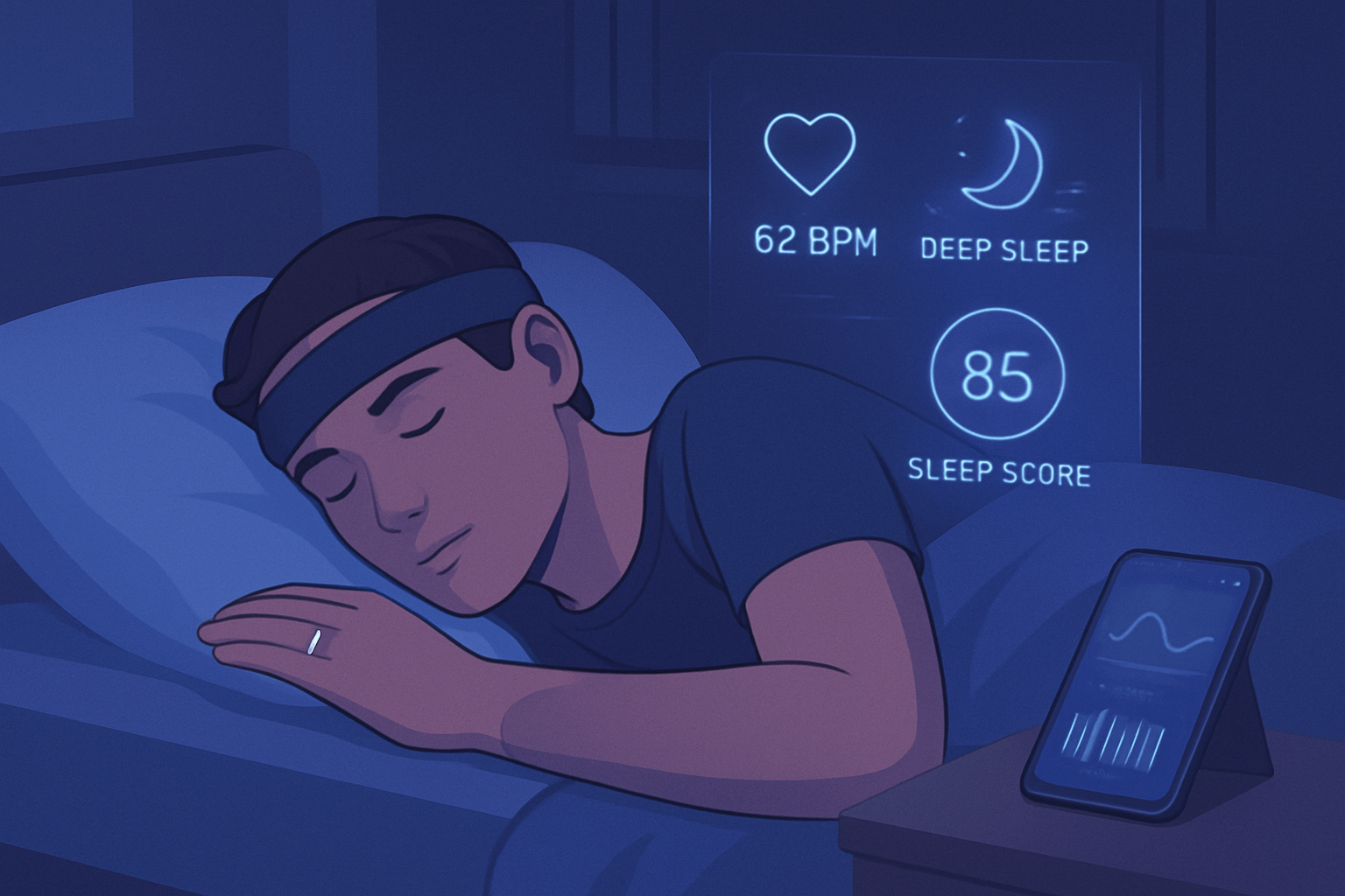 Person wearing a sleep tracking wearable device on wrist while sleeping in bed