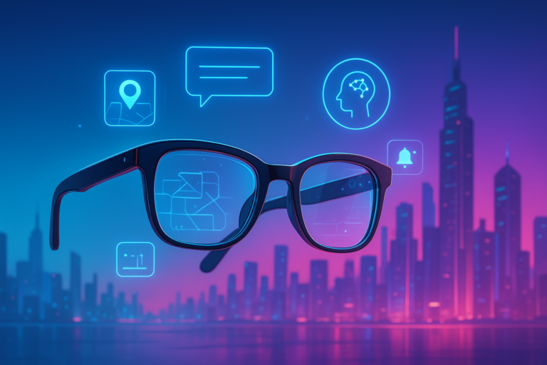 Person wearing AI-powered smart glasses in 2025 with digital display overlay