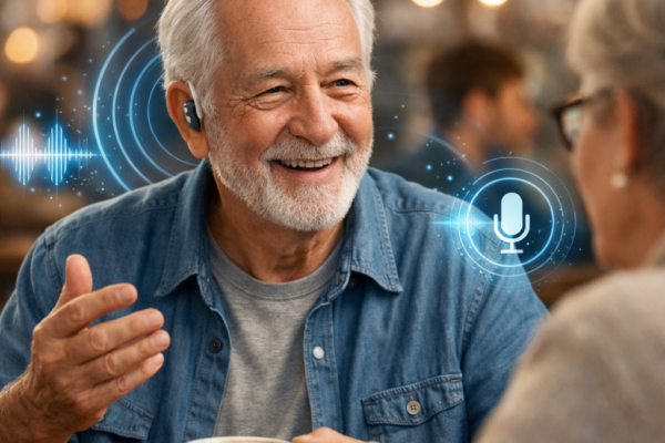AI-powered smart hearing aid worn by a person in a busy environment with noise cancellation technology active