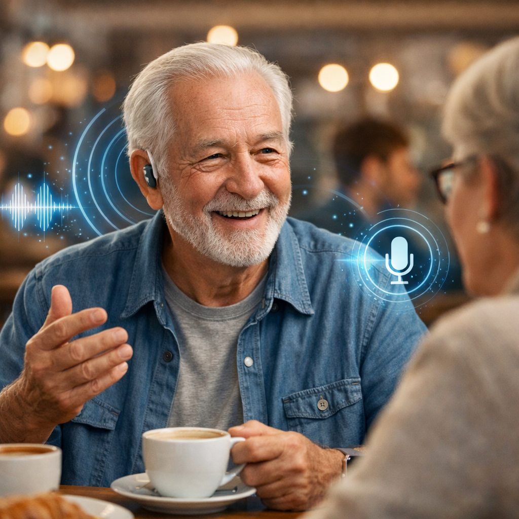 AI-powered smart hearing aid worn by a person in a busy environment with noise cancellation technology active