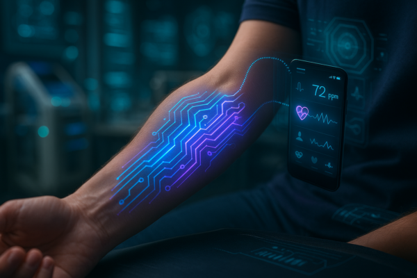 Smart tattoo electronic skin patch applied on human wrist showing health monitoring sensors