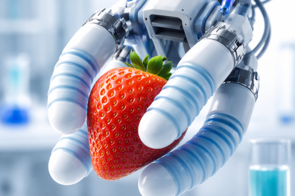 Soft robot made of silicone material bending and gripping a delicate object
