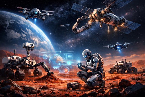Space robot rover exploring the surface of Mars with autonomous navigation systems